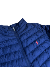Kék steppelt vintage streetwear dzseki, elöl cipzárral, piros hímzett logóval