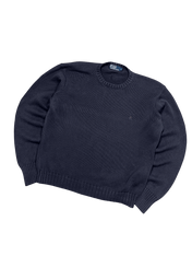 Sötétkék vintage Ralph Lauren pulóver, bordázott nyakkal és ujjal, streetwear stílusban.