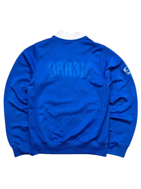 Kék vintage streetwear pulóver BRASIL felirattal és fehér gallérral, hosszú ujjú