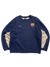 Sötétkék vintage Nike pulóver, Barcelona címerrel és bézs ujjbetétekkel