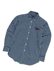 Kék-fehér kockás vintage férfi ing, hímzett mellzseb díszítéssel, streetwear stílus