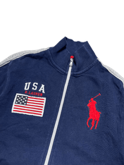 Sötétkék vintage zipzáras pulóver USA zászlóval és piros lovas hímzéssel, streetwear stílus
