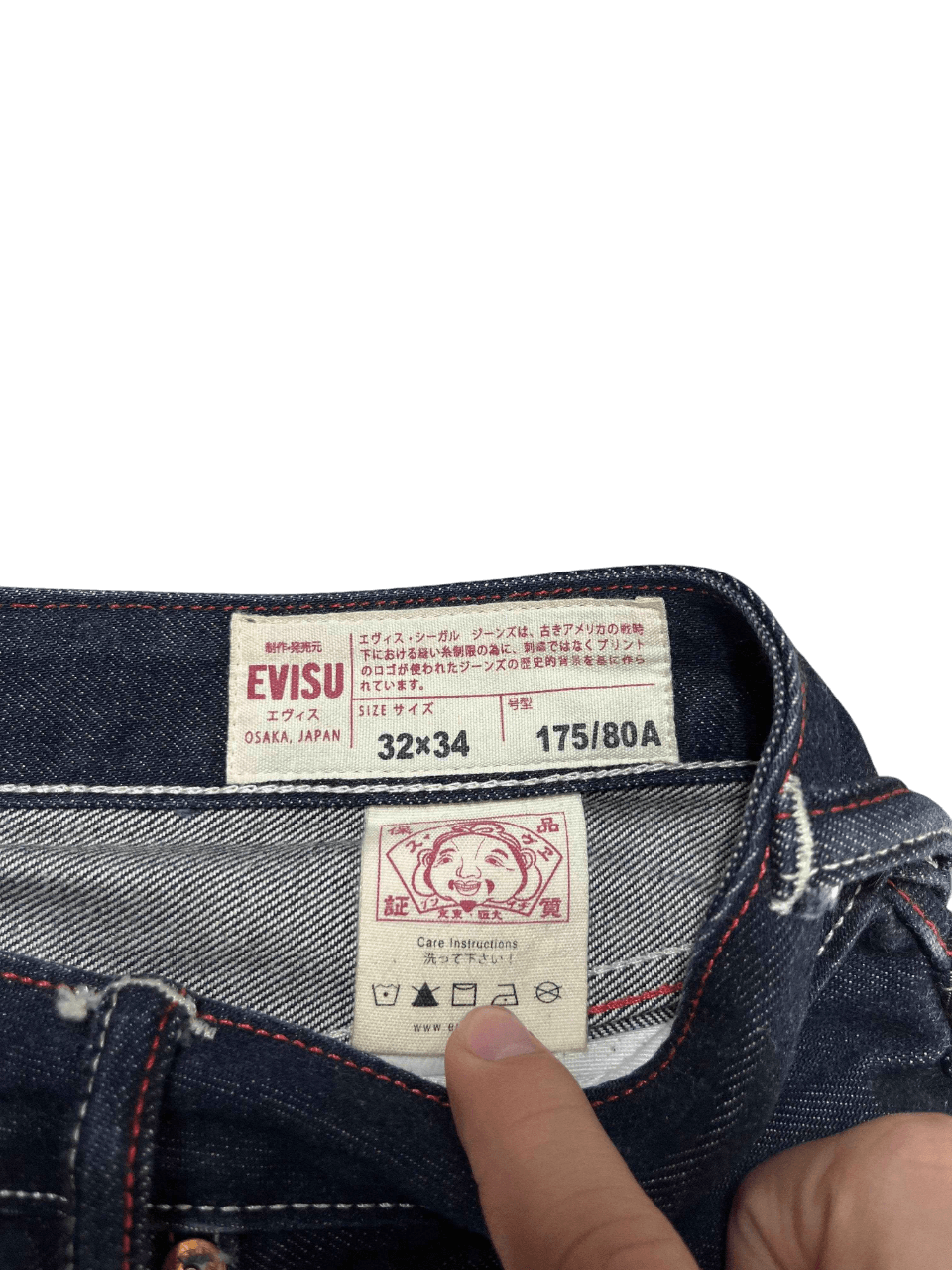 Evisu férfi farmer címke mérettel és mosási útmutatóval, vintage streetwear