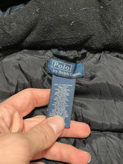 Ralph Lauren Polo kabát címke közelről, fekete bélés, vintage streetwear divat