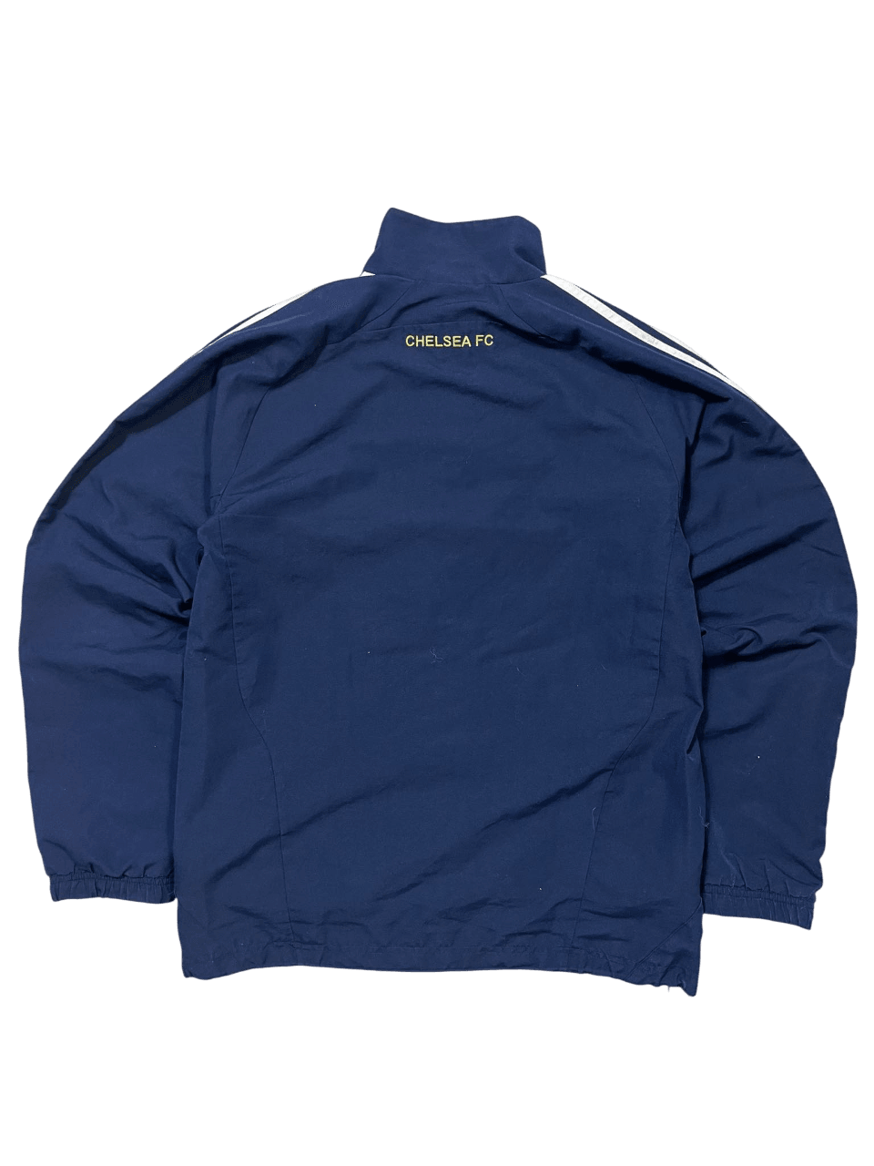 Sötétkék Chelsea FC férfi streetwear dzseki, fehér csíkokkal a vállon, vintage stílus