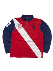 Piros, fehér átlós csíkozású, galléros, hímzett logós vintage streetwear póló hosszú ujjú