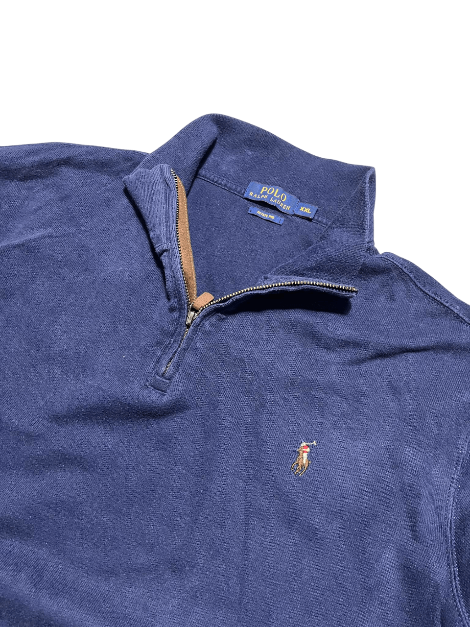 Sötétkék Ralph Lauren félcipzáros pulóver hímzett logóval, vintage streetwear stílus