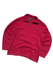 Piros Ralph Lauren negyed cipzáras vintage pulóver hímzett logóval, streetwear stílus