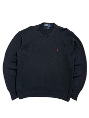 Fekete, vintage Ralph Lauren kötött pulóver piros hímzett logóval, streetwear stílusban.