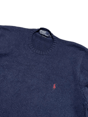 Sötétkék vintage Ralph Lauren pulóver piros logóval, streetwear stílusban