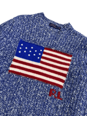 Kék-fehér vintage kötött pulóver amerikai zászló mintával, designer streetwear stílusban