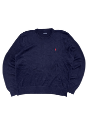 Sötétkék vintage kötött pulóver piros hímzett lovas logóval, streetwear stílus