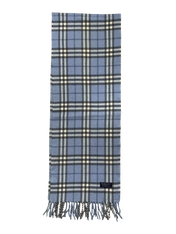 Kék-fekete kockás mintás, rojtos szélű vintage designer sál fehér csíkokkal