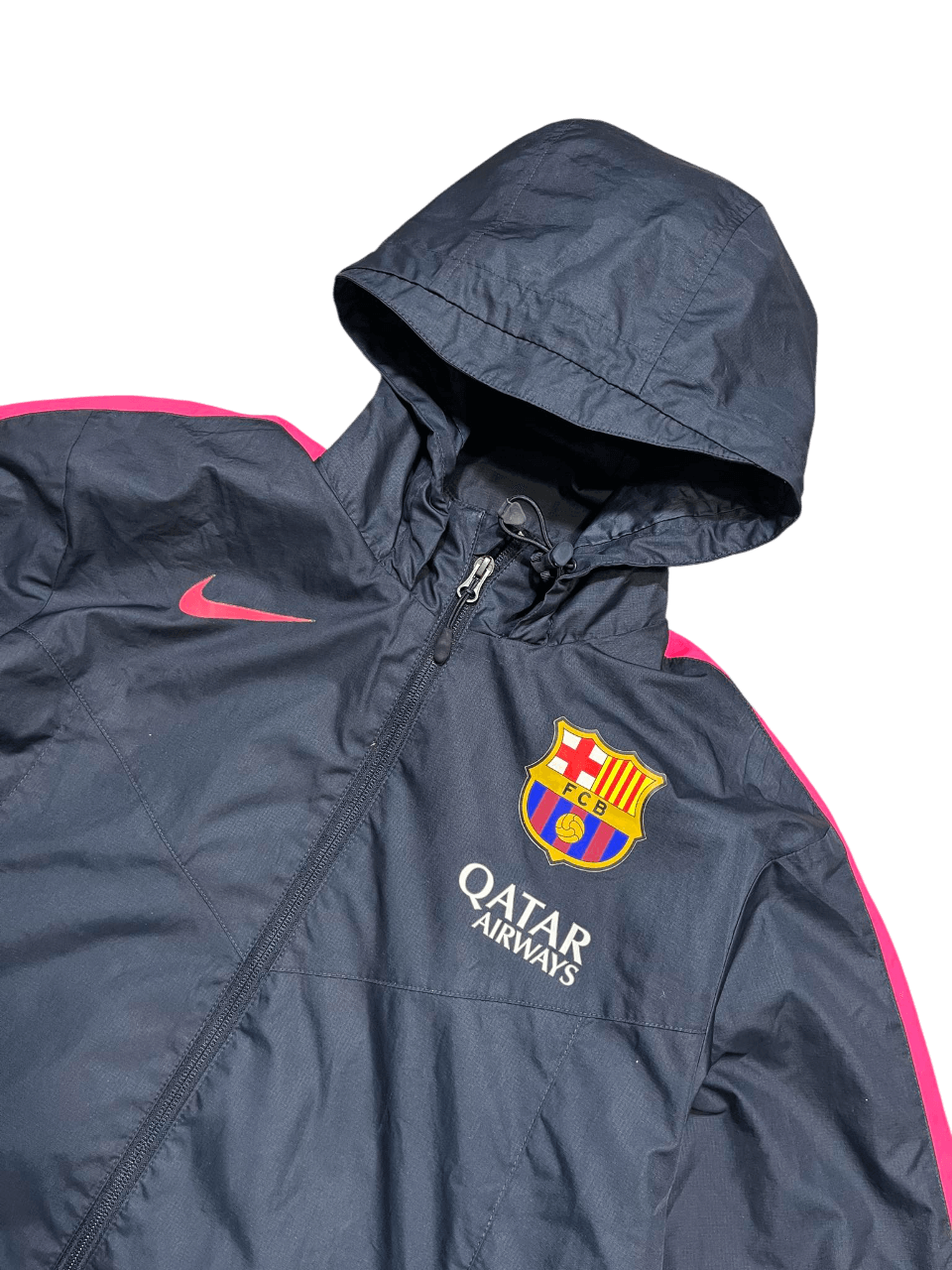 FC Barcelona kapucnis vintage Nike kabát sötétkék, Qatar Airways logóval, streetwear