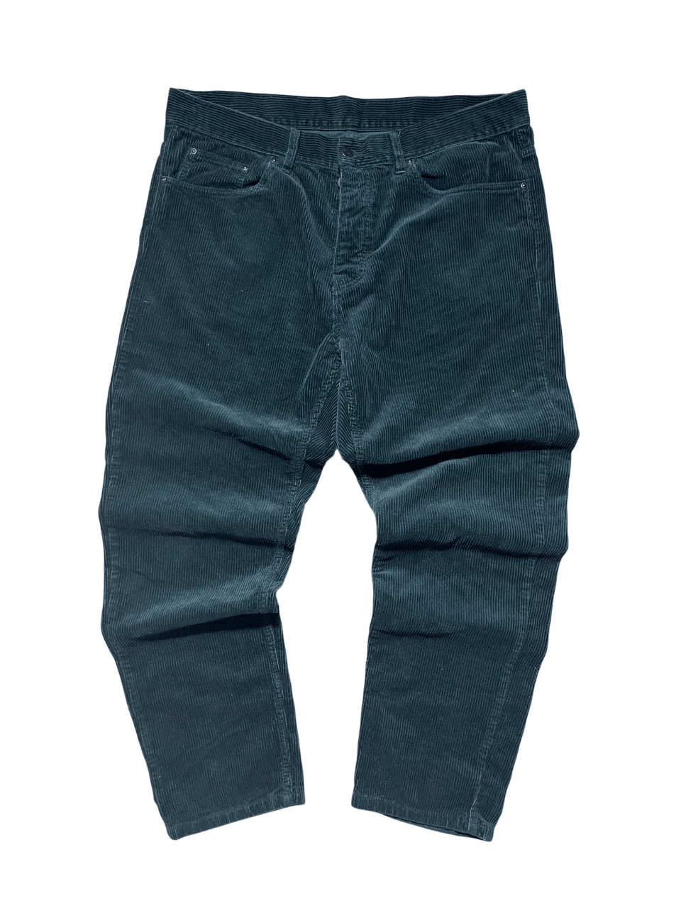 Férfi sötétkék kordbársony nadrág, vintage streetwear stílusban, fehér háttéren