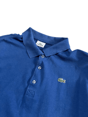 Kék Lacoste galléros póló hímzett krokodil logóval, vintage streetwear stílus