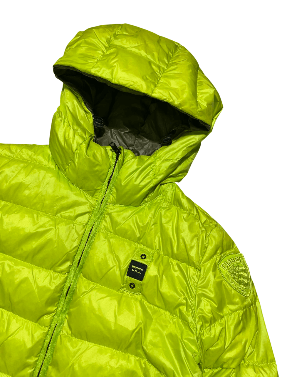 Neon zöld, kapucnis Blauer U.S.A. pufi dzseki, streetwear stílus, hímzett logóval