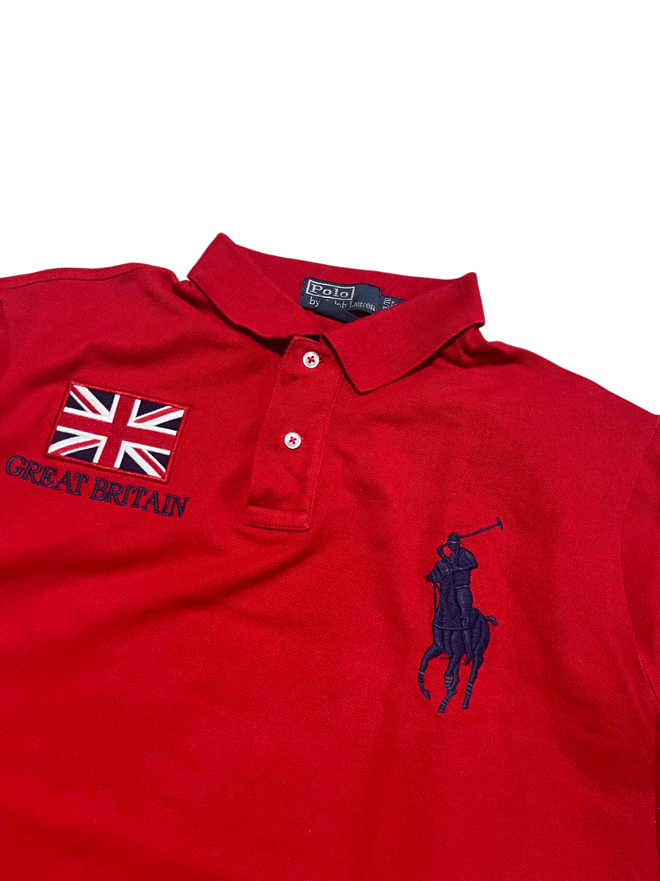 Piros Ralph Lauren vintage póló gallérral, hímzett brit zászlóval és lovas logóval