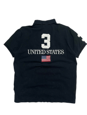 Fekete vintage póló, hátán nagy 3-as szám, United States felirat és amerikai zászló hímzés.