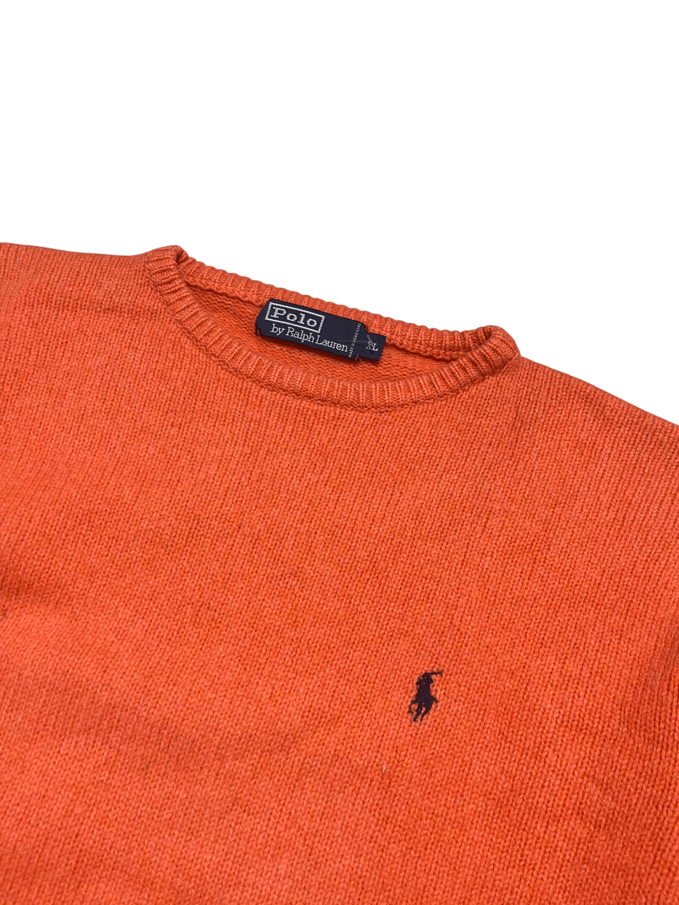 Narancssárga Ralph Lauren pulóver streetwear stílusban, hímzett lovas logóval.