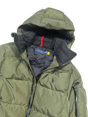 Olívazöld kapucnis, pehelydzseki Polo Ralph Lauren logóval, vintage streetwear stílus
