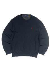 Sötétkék vintage Ralph Lauren pulóver, piros hímzett logóval, streetwear stílusban