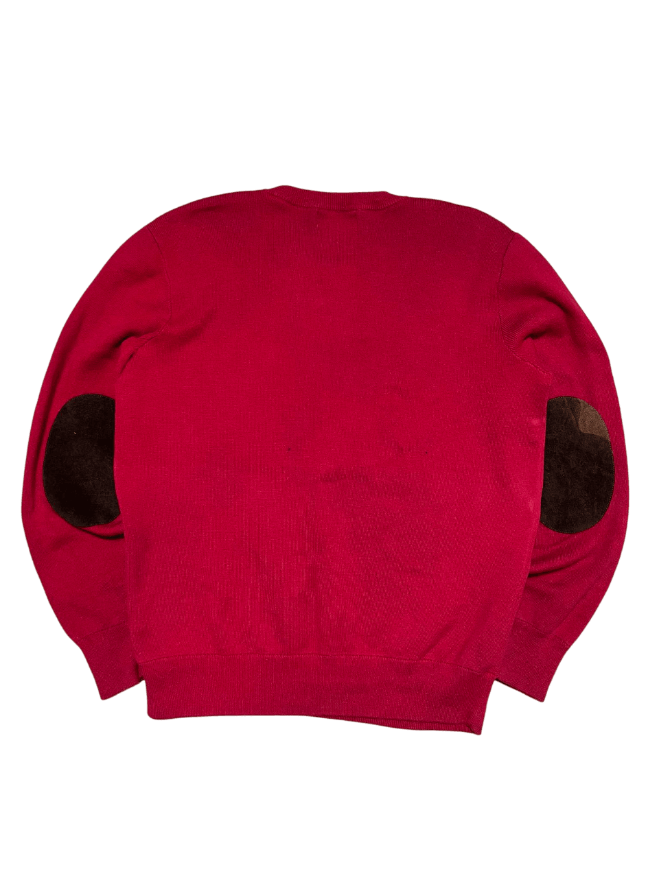 Bordó vintage pulóver barna könyökvédő foltokkal, streetwear stílusban