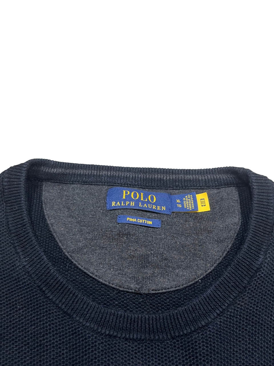 Polo Ralph Lauren fekete pamut pulóver nyakkivágás és címke közelről