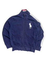 Sötétkék vintage streetwear melegítőfelső fehér logóval és csíkos ujjal