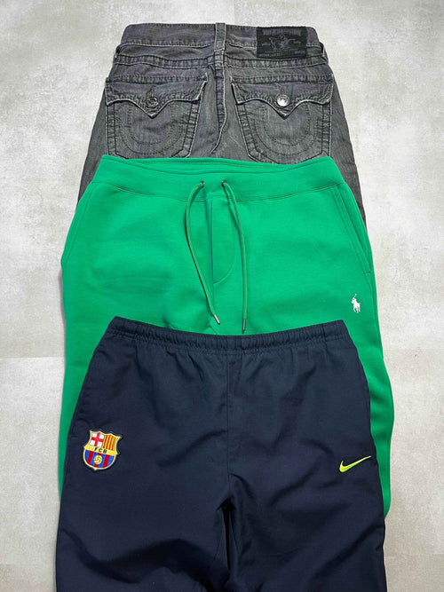 True Religion farmernadrág, zöld Ralph Lauren pulóver és Nike Barcelona rövidnadrág egymásra rakva