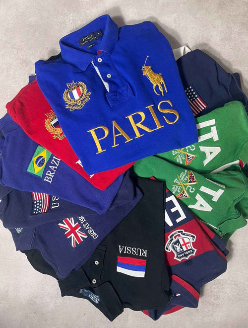 Vintage Ralph Lauren Polo pólók, zászló mintákkal és országnevekkel, streetwear stílusban
