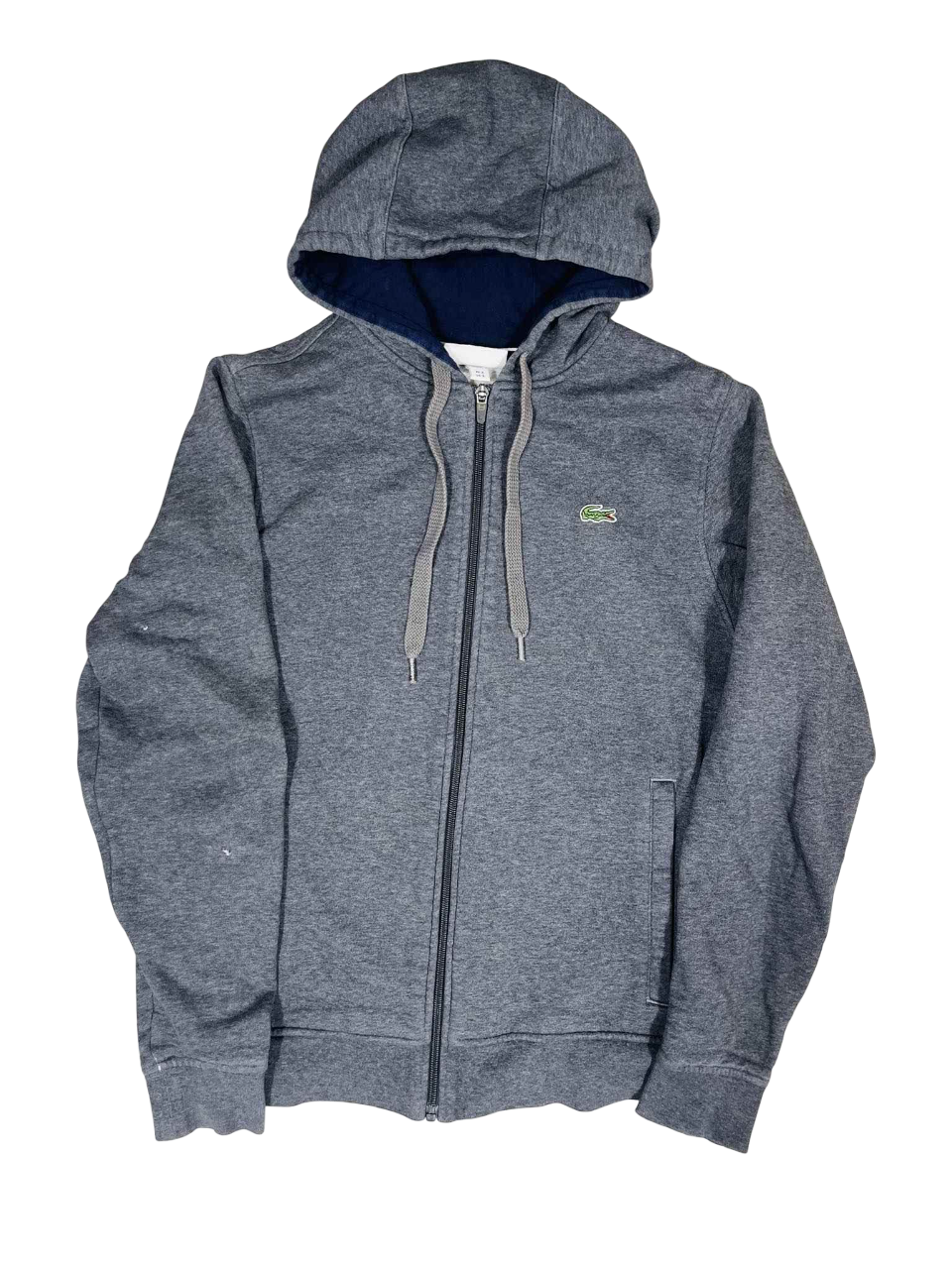 Szürke cipzáros kapucnis pulóver hímzett logóval, vintage streetwear stílus