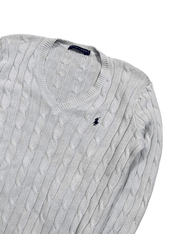 Ralph Lauren fehér kötött pulóver hímzett logóval, vintage streetwear stílus