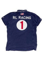 Sötétkék vintage póló hátán RL RACING, amerikai zászló és 1-es szám, streetwear stílus