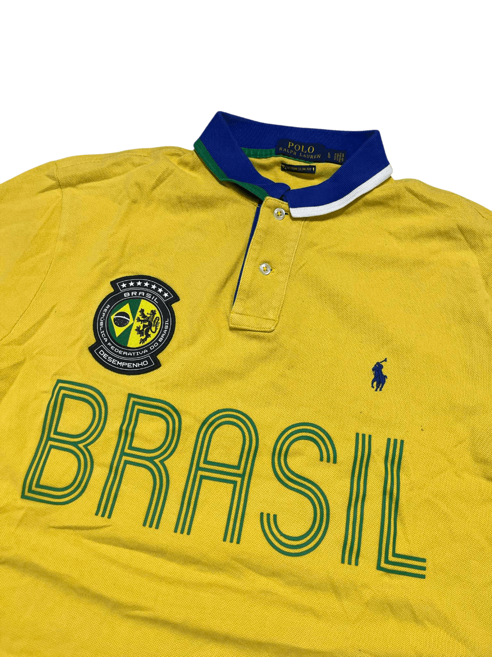 Sárga Polo Ralph Lauren Brasil feliratú vintage galléros póló zöld és kék gallérral