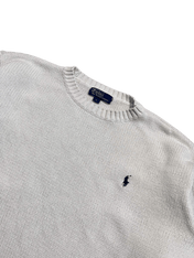 Fehér, vintage Polo Ralph Lauren kötött pulóver, streetwear stílus, fekete logóval.