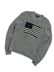 Szürke vintage kötött pulóver, elöl amerikai zászló mintával, streetwear stílus