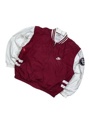 Candy Streetwear bordó-fehér Nike Supreme Court baseball dzseki retró stílusban, bordázott szegélyekkel.