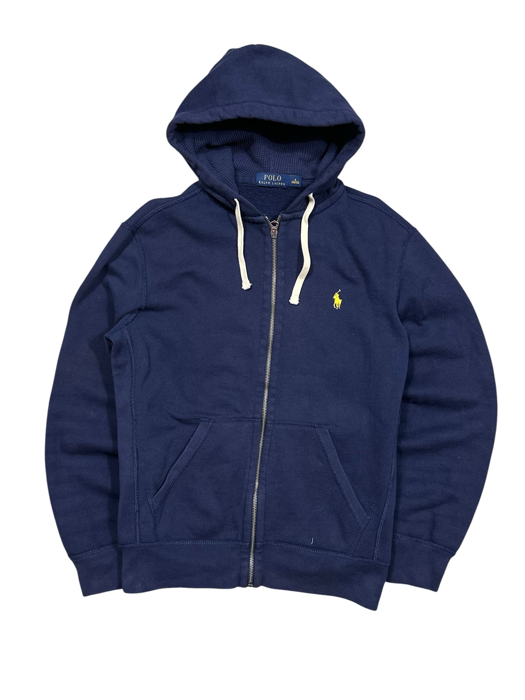 Candy Streetwear sötétkék Polo Ralph Lauren cipzáras kapucnis pulóver sárga hímzett logóval és világos zsinórral