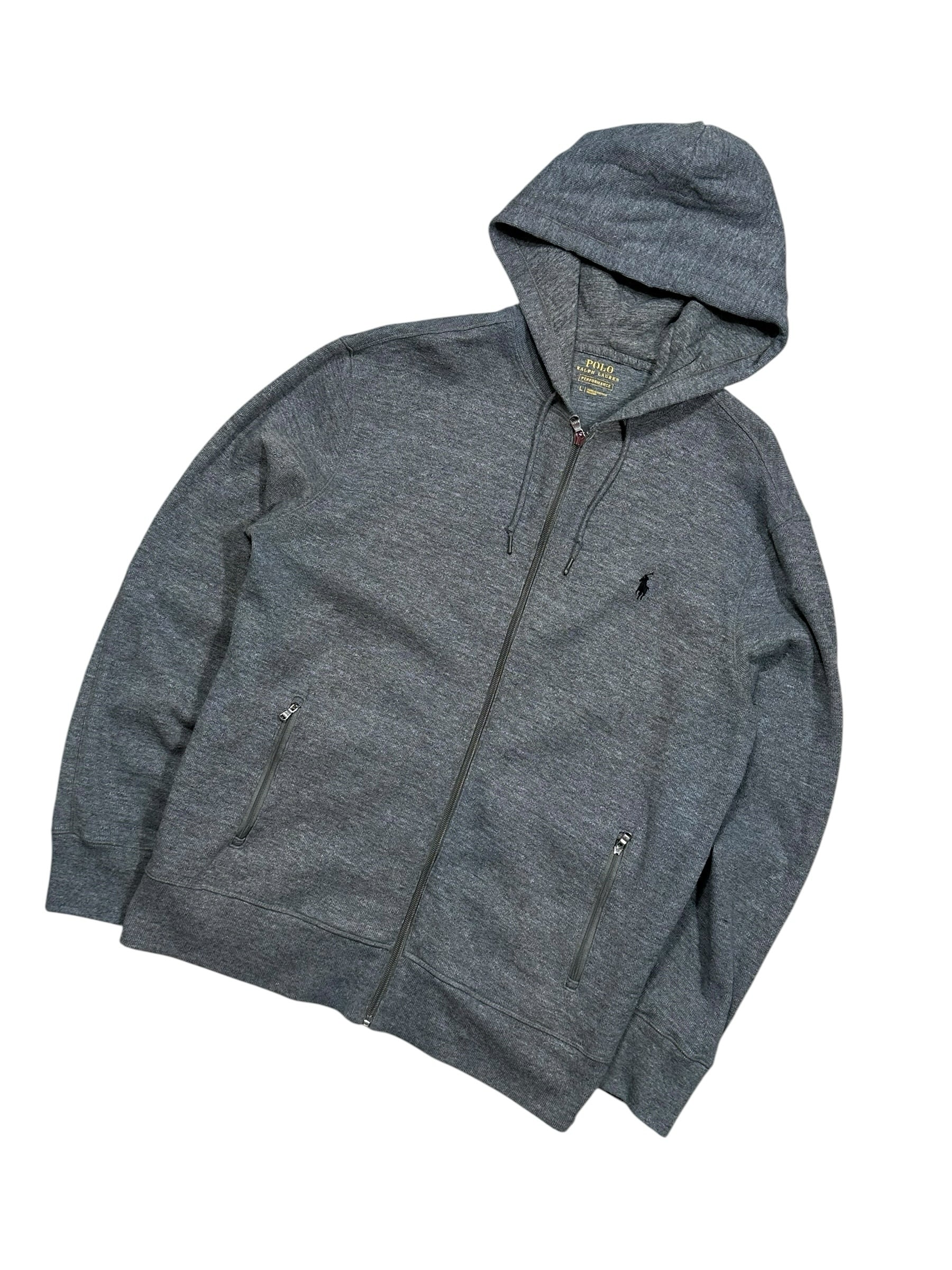 Candy Streetwear sötétszürke melírozott Polo Ralph Lauren cipzáras kapucnis pulóver hímzett logóval és oldalzsebekkel