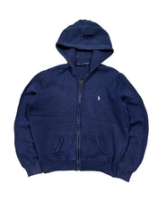 Candy Streetwear sötétkék Ralph Lauren cipzáras kötött kapucnis pulóver hímzett logóval és kenguru zsebekkel