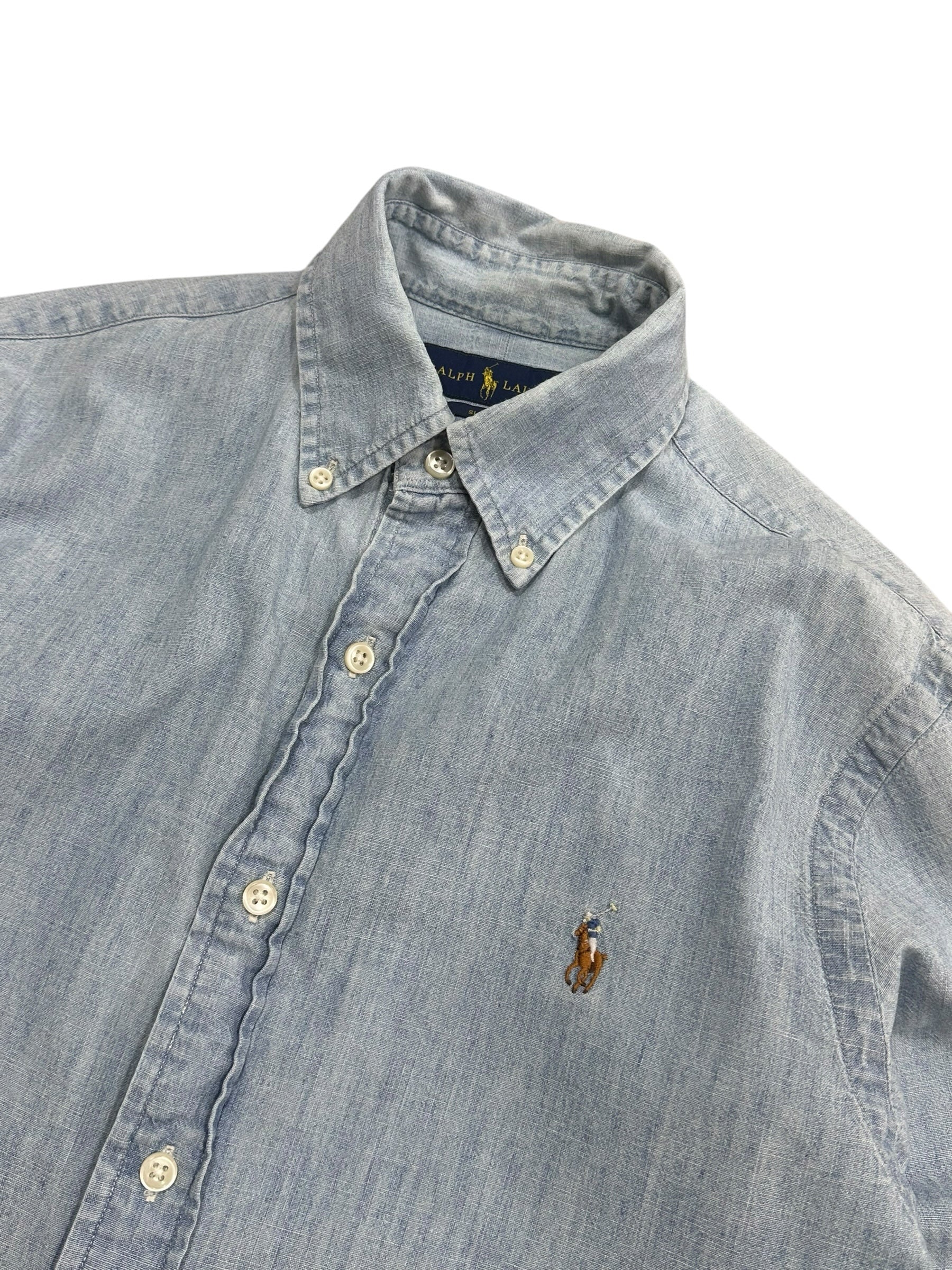 Candy Streetwear világoskék, mosott hatású, slim fit Ralph Lauren farmering gombos gallérral és hímzett logóval.