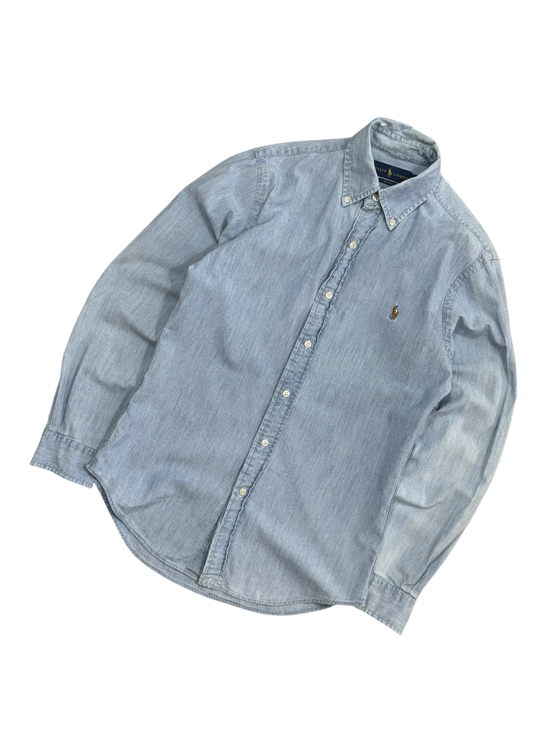Candy Streetwear világoskék, mosott hatású, hosszú ujjú Ralph Lauren farmering gombos gallérral és hímzett logóval.