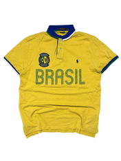 Sárga vintage Brasil feliratú galléros póló hímzett logóval és sportos stílusban.