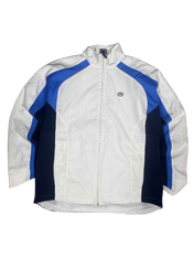 Fehér, kék és sötétkék vintage streetwear dzseki cipzárral, sportos stílusban.