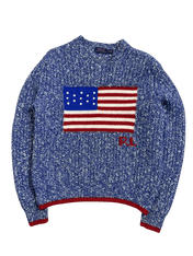 Kék-fehér vintage kötött pulóver amerikai zászló mintával, streetwear stílusban