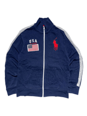 Sötétkék vintage Ralph Lauren streetwear zipzáras pulóver, USA zászló és piros logóval.