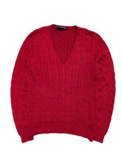 Női vintage piros kötött V-nyakú pulóver, hímzett logóval, streetwear stílusban
