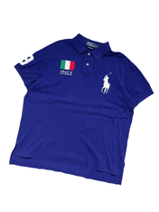 Kék vintage polo ing, olasz zászló, ITALY felirat és fehér hímzett logóval